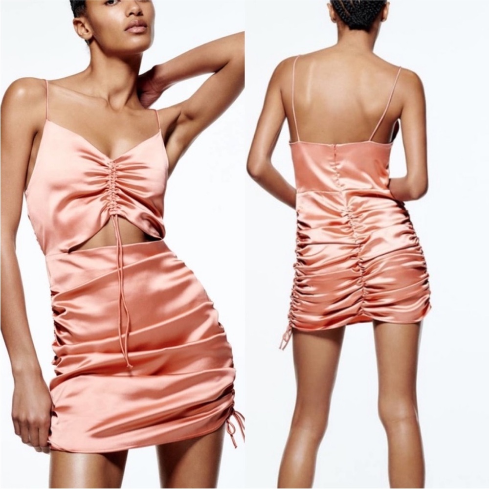 Elegant Satin Ruched Dress in Peach
